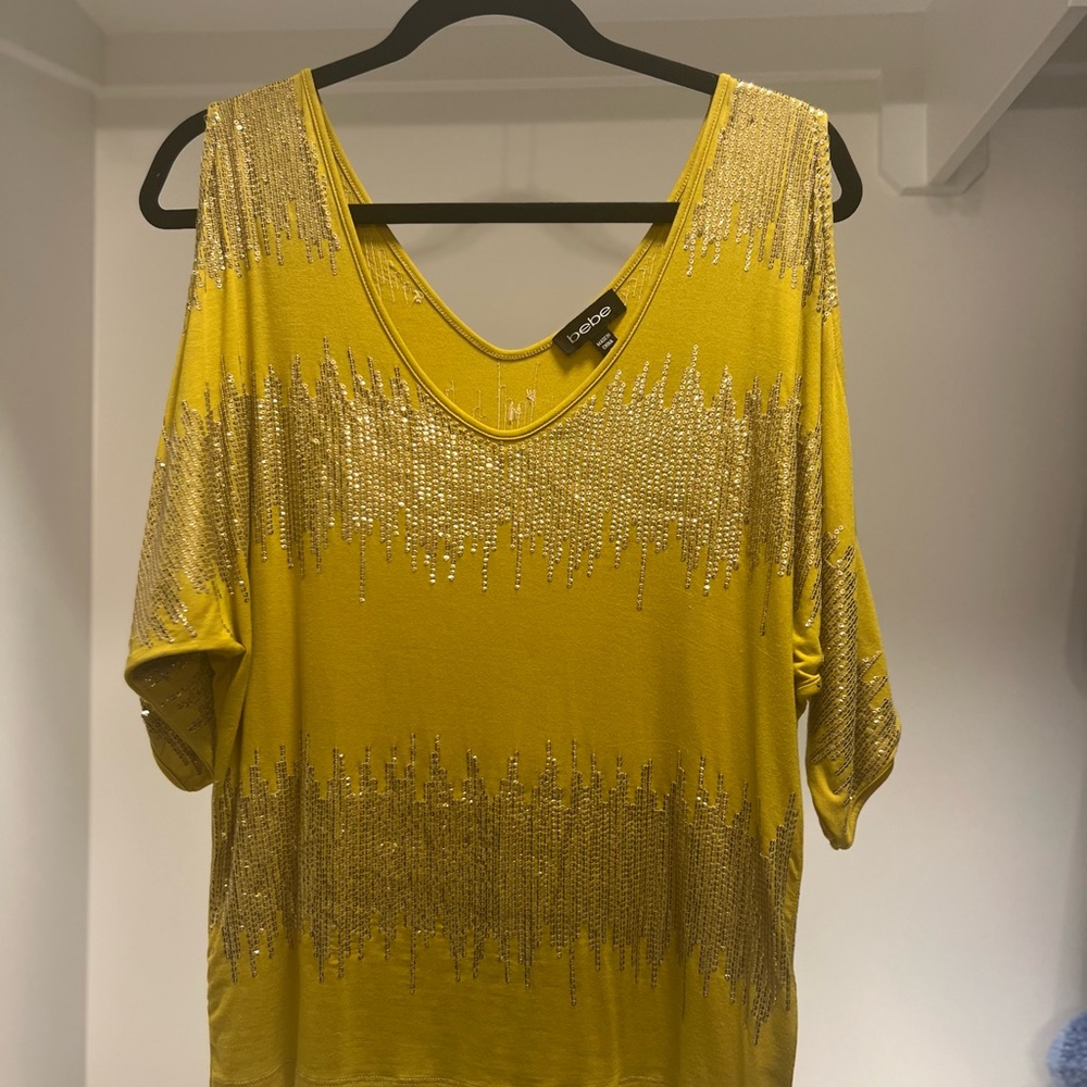 Bebe Yellow Oversized Sequin Blouse 3/4 Sleeve